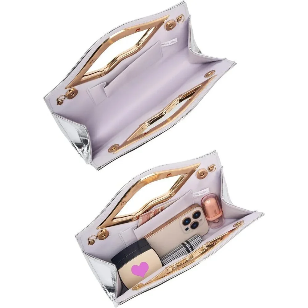 Women's Silver PU Leather Acrylic Hardware Glossy Hard Shell Party Formal Clutch